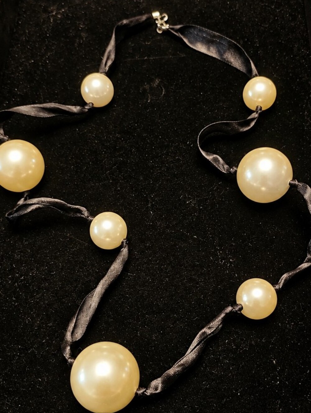Vintage 1980s Oversized Lucite Faux Pearl Black Satin Ribbon Statement Necklace